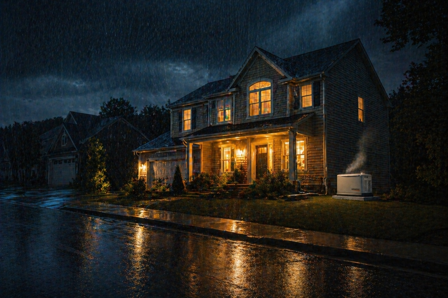 The reason you bought it. Lights on, furnace running, sump pump running — the only sign anything’s different is the unit humming quietly beside the house.