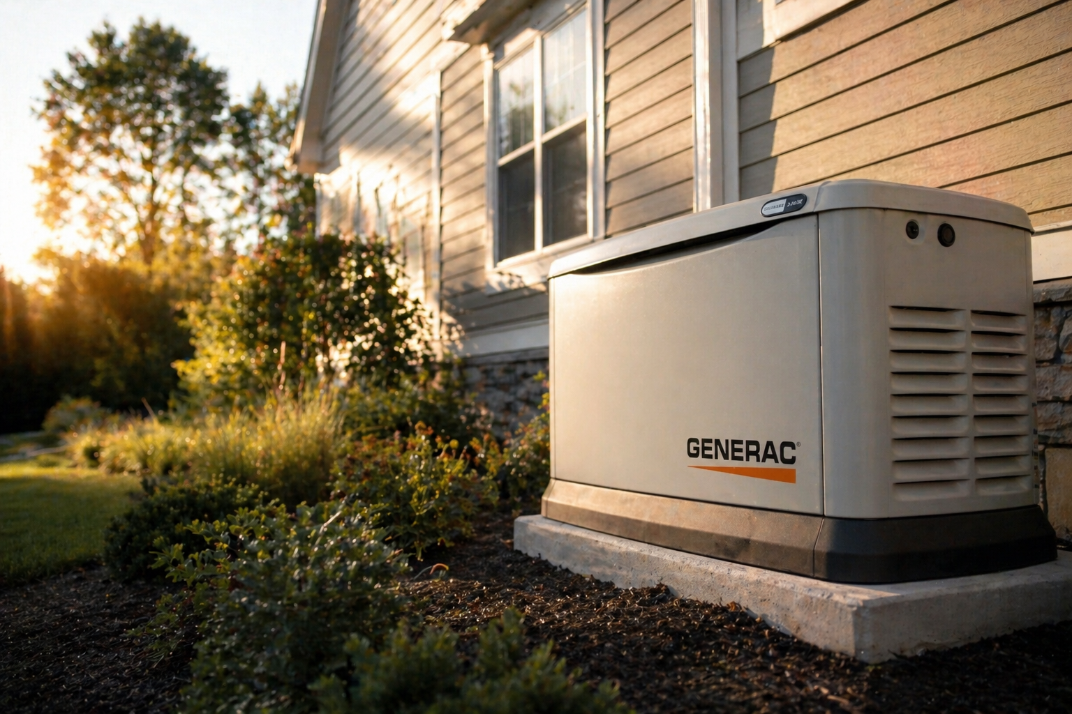 Generac Guardian standby on a poured pad against the side of the house — clearance to siding, gas and electrical entries dressed to the unit, landscaping back in place.
