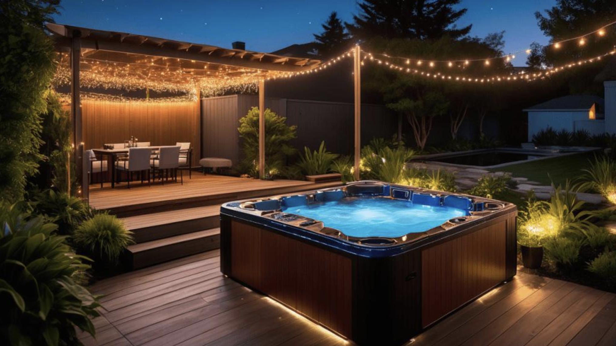 Finished install — tub running under the pergola, wiring entirely out of sight, customer enjoying the result.