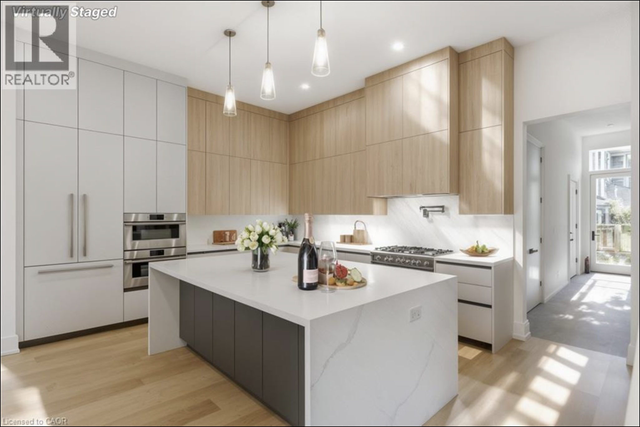 Island detail — three pendants on dimmable circuit