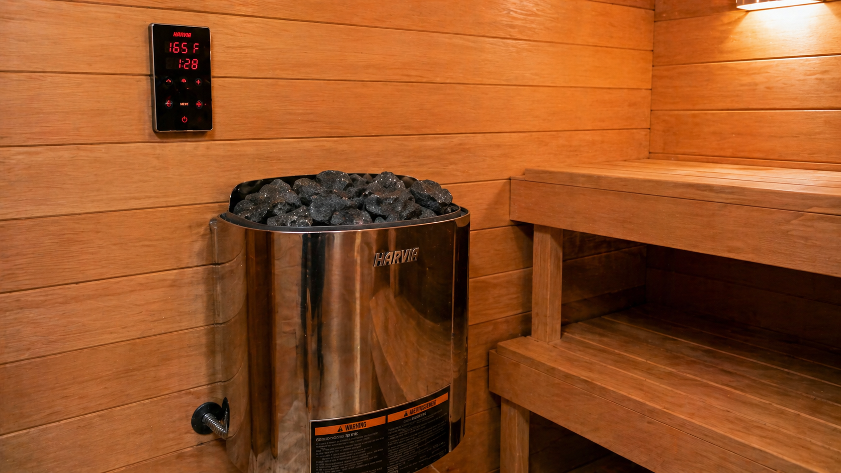 Wall-mounted Harvia digital control reading 165°F — control wiring run behind the cedar back to the panel, no exposed cable in the hot zone.