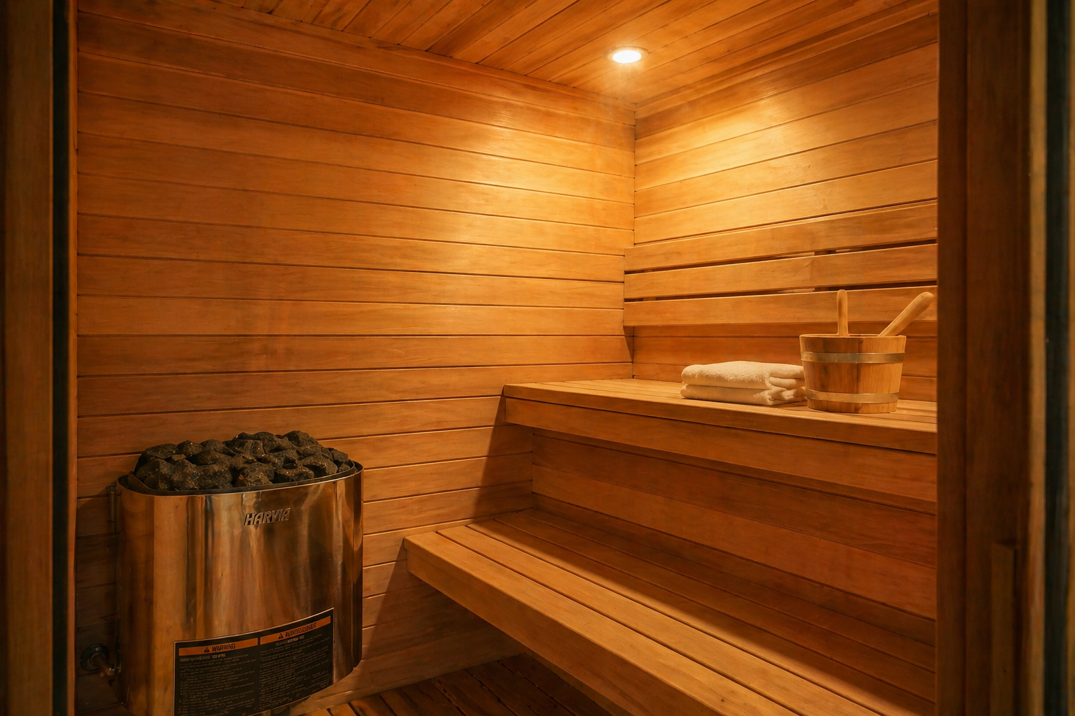 Finished room — heater installed, control mounted, cedar tongue-and-groove top to bottom. The customer’s view.