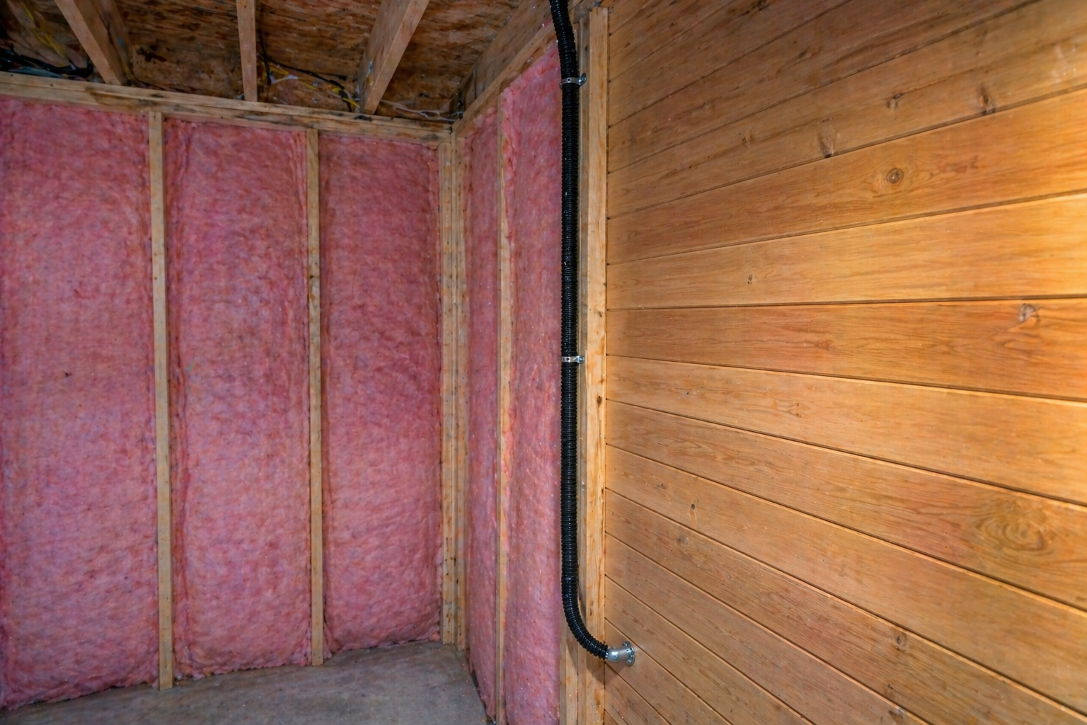 Rough-in stage — feed dropped down the stud bay before insulation and cedar go up. Strapped to code, ready for inspection.