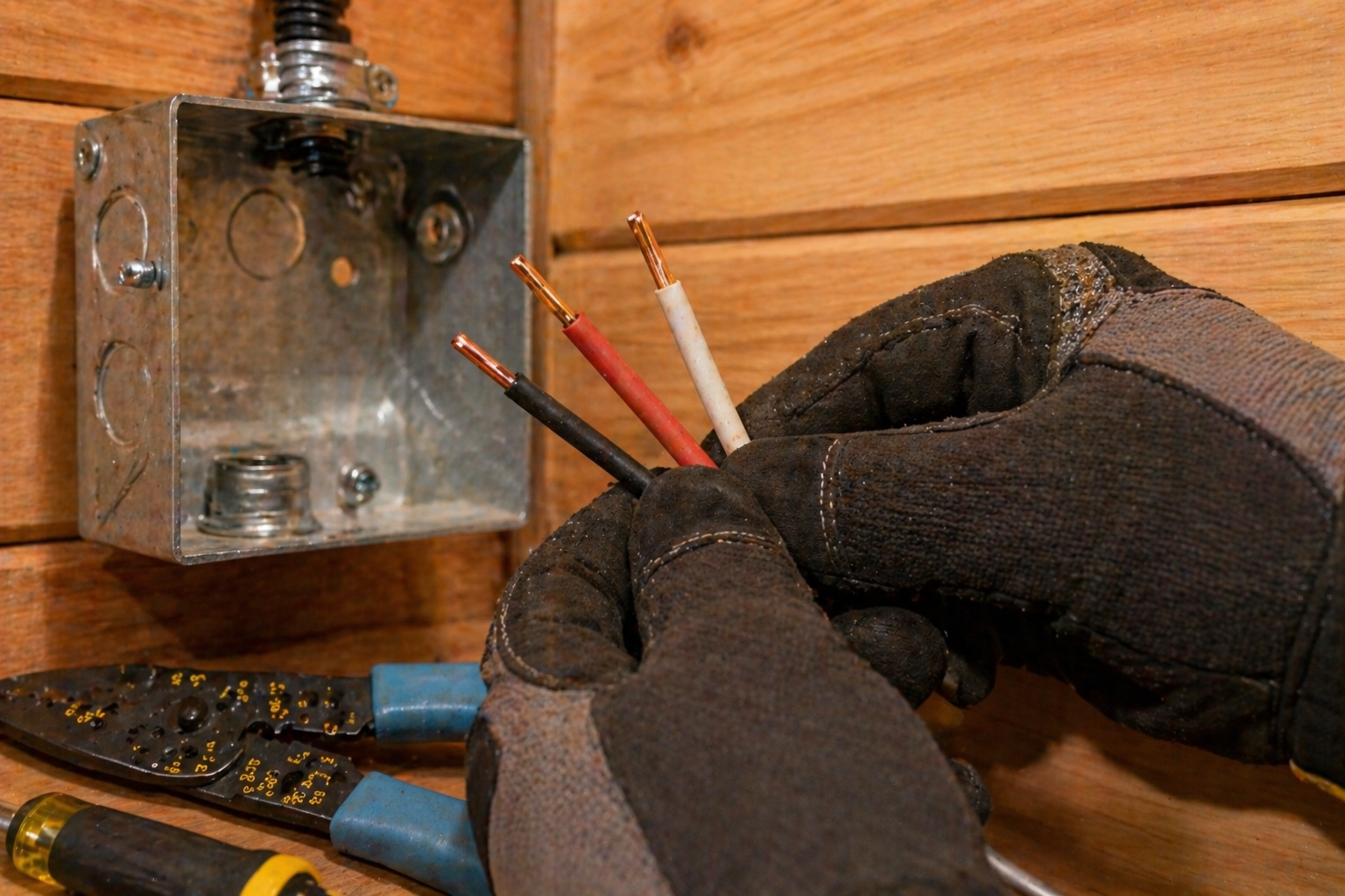Junction box on the cold side of the wall — conductors stripped clean and ready to land. Strain relief, proper bushings, no shortcuts.