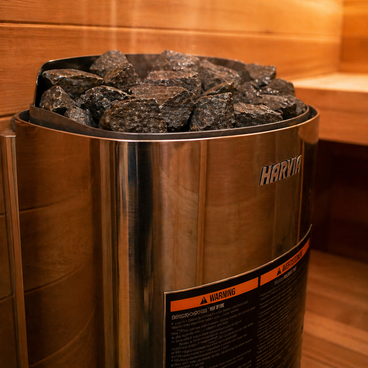 Harvia heater wired and loaded with stones — cedar walls, warning label visible, ready for first fire.